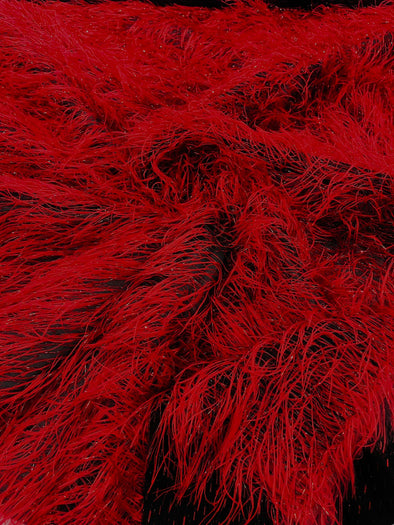 Burgundy Shaggy Jacquard Faux Ostrich/Eye Lash Feathers Sewing Fringe With Metallic Thread Fabric By The Yard