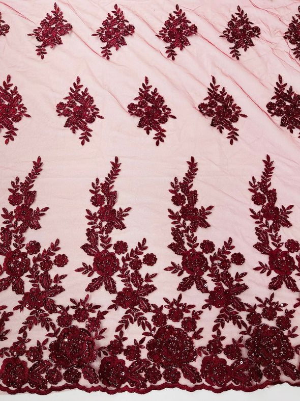 Burgundy Floral design embroider and beaded on a mesh lace fabric-Wedding/Bridal/Prom/Nightgown fabric.