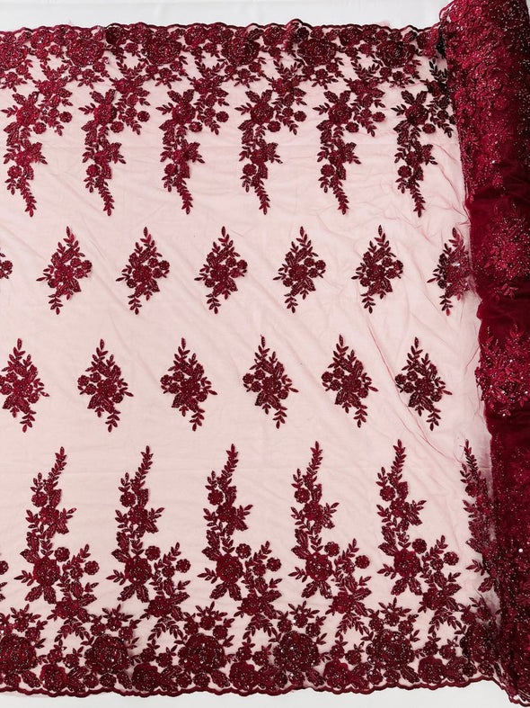 Burgundy Floral design embroider and beaded on a mesh lace fabric-Wedding/Bridal/Prom/Nightgown fabric.