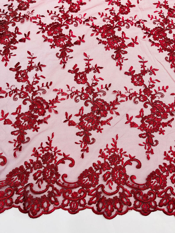 Burgundy Bloom corded lace and embroider with sequins on a mesh -Sold by the yard