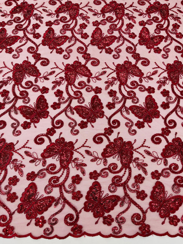 Burgundy Metallic Corded Lace/ Butterfly Design Embroidered With Sequin on a Mesh Lace Fabric