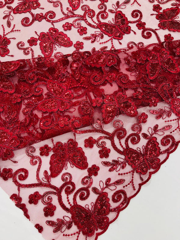 Burgundy Metallic Corded Lace/ Butterfly Design Embroidered With Sequin on a Mesh Lace Fabric