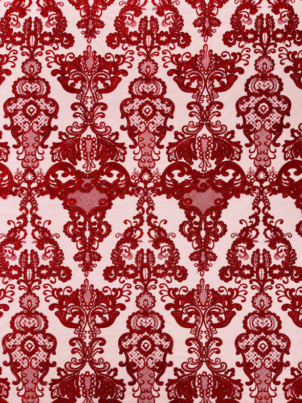 Burgundy Embroidery Damask Design With Sequins On A Mesh Lace Fabric/Prom/Wedding