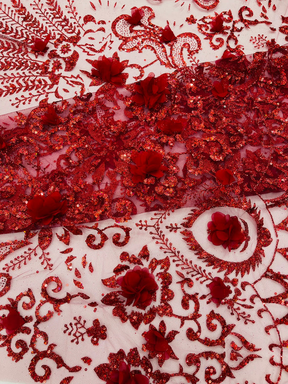 Floral 3D Palm Damask with glitter in a Mesh Lace- Sold by the yard.