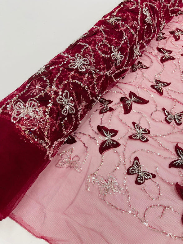 Burgundy 3D Butterfly Design Embroider and Beaded on a Mesh Lace-Prom-Sold by yard.