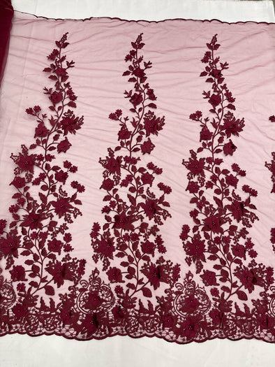Burgundy 3D floral design embroider and beaded with pearls on a mesh lace-prom-dresses-nightgown-apparel-fashion-Sold by yard
