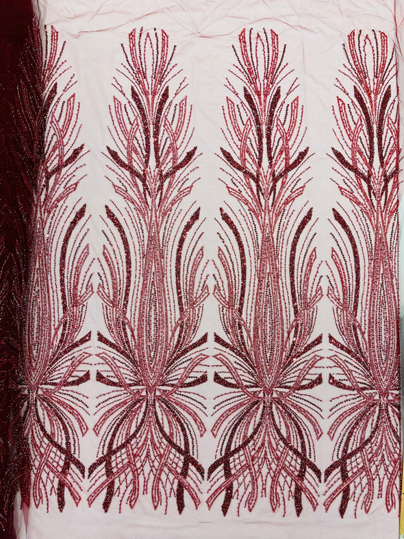 Palm Beaded Damask Design Fabric, Sold by The Yard.