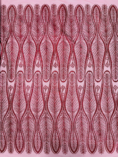 Burgundy Glitter Feather Damask Design On A Mesh Lace Fabric/Prom.