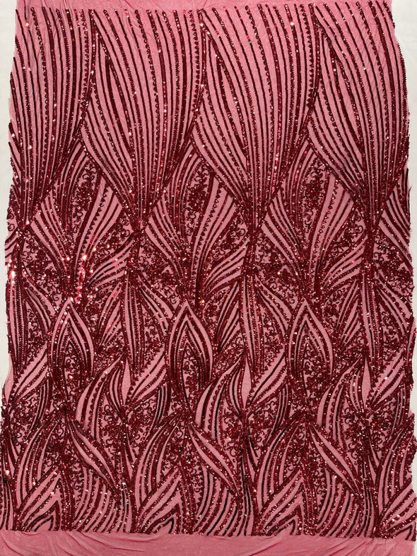 Burgundy Shiny Geometric Feather wing shiny sequin design on a 4 way stretch mesh Fabric-prom-sold by the yard.