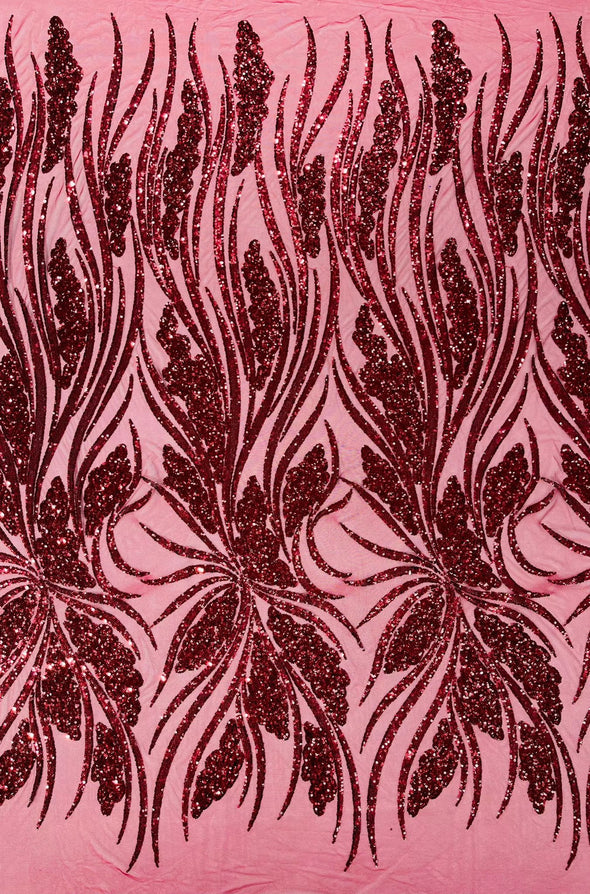 Burgundy Feather damask shiny sequin design on a 4 way stretch mesh Fabric-prom-Sold by the yard