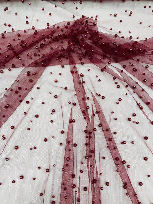 Heavy Scattered Pearls Studded Mesh, 2-Way Stretch, Sold By The Yard.