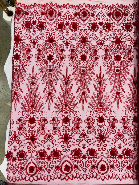 Floral 3D Palm Damask with glitter in a Mesh Lace- Sold by the yard.