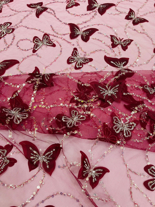 Burgundy 3D Butterfly Design Embroider and Beaded on a Mesh Lace-Prom-Sold by yard.