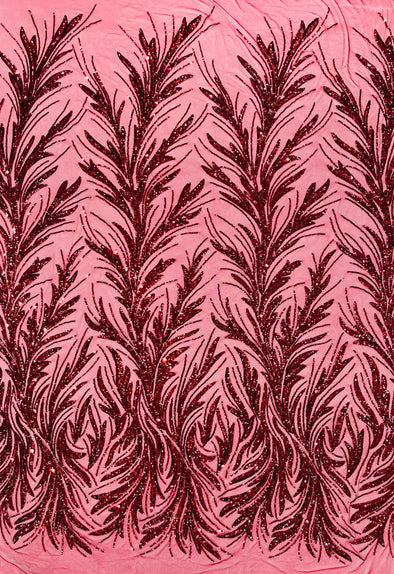 Burgundy Feather damask shiny sequin design on a 4 way stretch mesh Fabric-prom-Sold by the yard