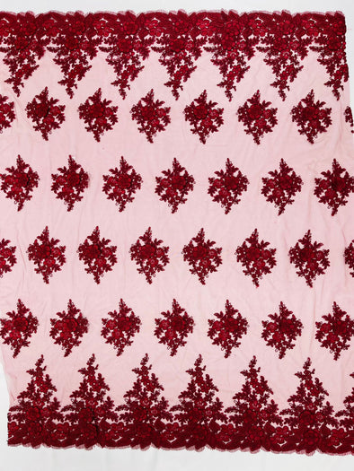 Burgundy Corded Lace 3D Floral Embroider, Sold by the yard.