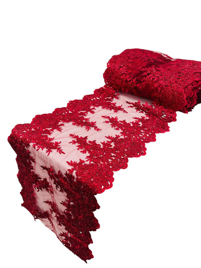 Burgundy 14"Wide Sequins Metallic Embroidered Lace on Mesh Fabric, Trim Lace, Table Runner. Sold By The Yard.