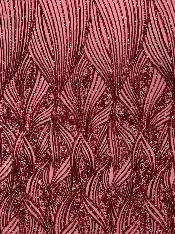 Burgundy Shiny Geometric Feather wing shiny sequin design on a 4 way stretch mesh Fabric-prom-sold by the yard.