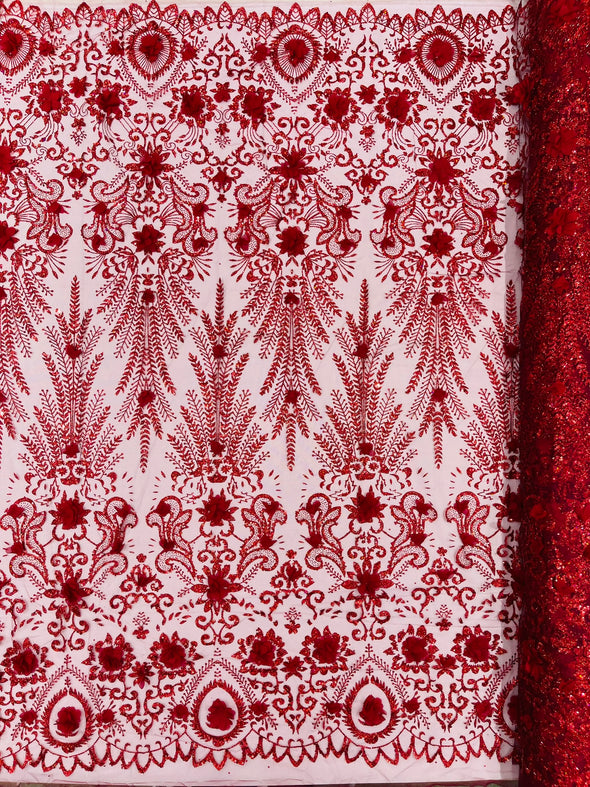 Floral 3D Palm Damask with glitter in a Mesh Lace- Sold by the yard.
