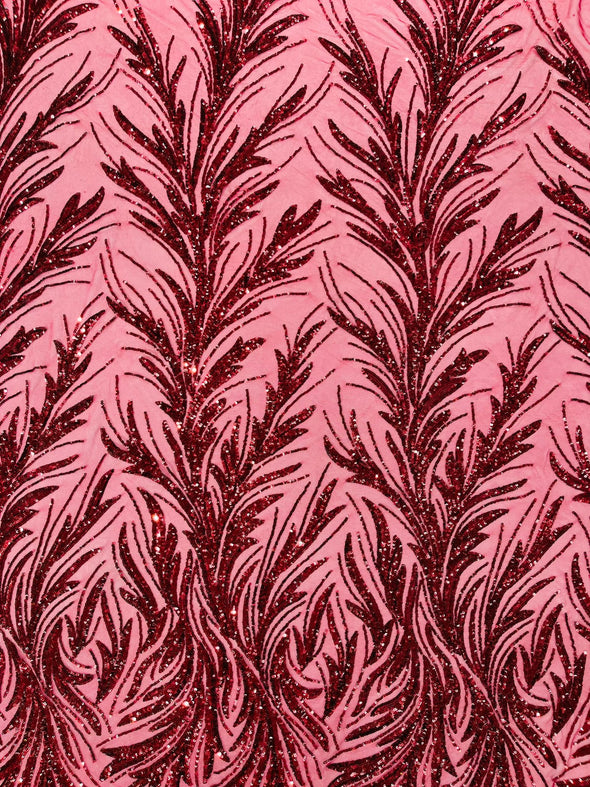 Feather damask shiny sequin design on a 4 way stretch mesh Fabric-prom-Sold by the yard