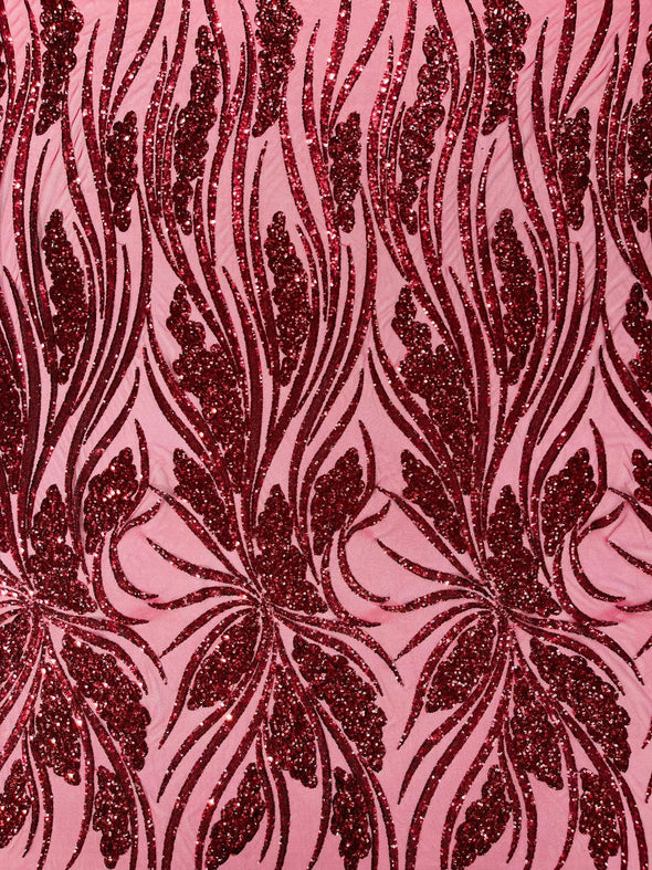 Burgundy Feather damask shiny sequin design on a 4 way stretch mesh Fabric-prom-Sold by the yard