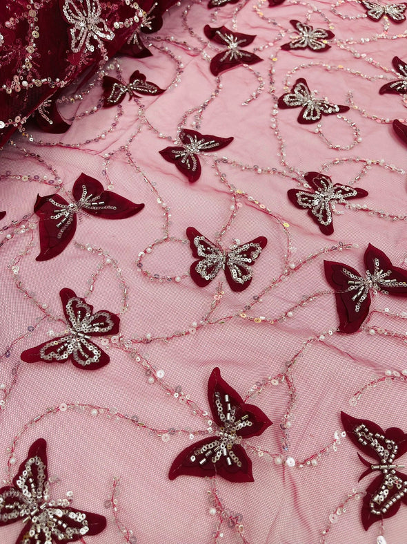 Burgundy 3D Butterfly Design Embroider and Beaded on a Mesh Lace-Prom-Sold by yard.