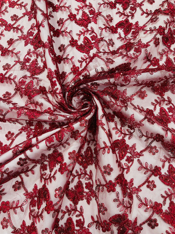 Burgundy Corded Lace/Small Butterfly Design Embroidered with Sequin on a Mesh Lace Fabric.