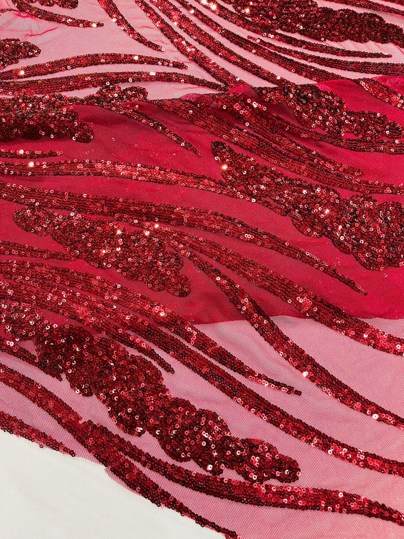 Burgundy Feather damask shiny sequin design on a 4 way stretch mesh Fabric-prom-Sold by the yard