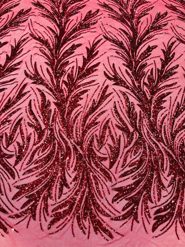 Burgundy Feather damask shiny sequin design on a 4 way stretch mesh Fabric-prom-Sold by the yard