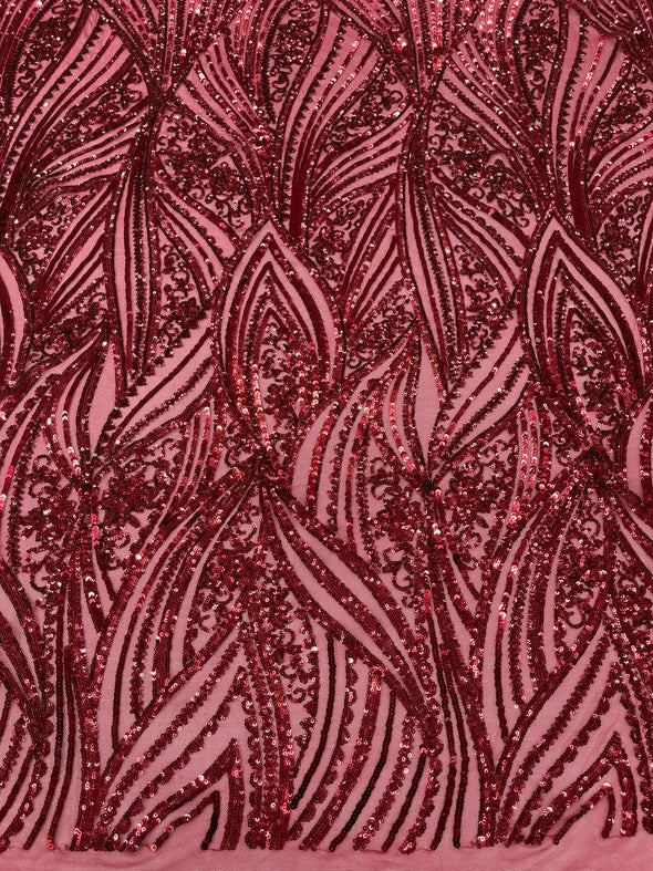 Burgundy Shiny Geometric Feather wing shiny sequin design on a 4 way stretch mesh Fabric-prom-sold by the yard.