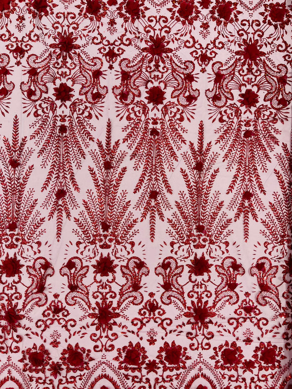 Floral 3D Palm Damask with glitter in a Mesh Lace- Sold by the yard.