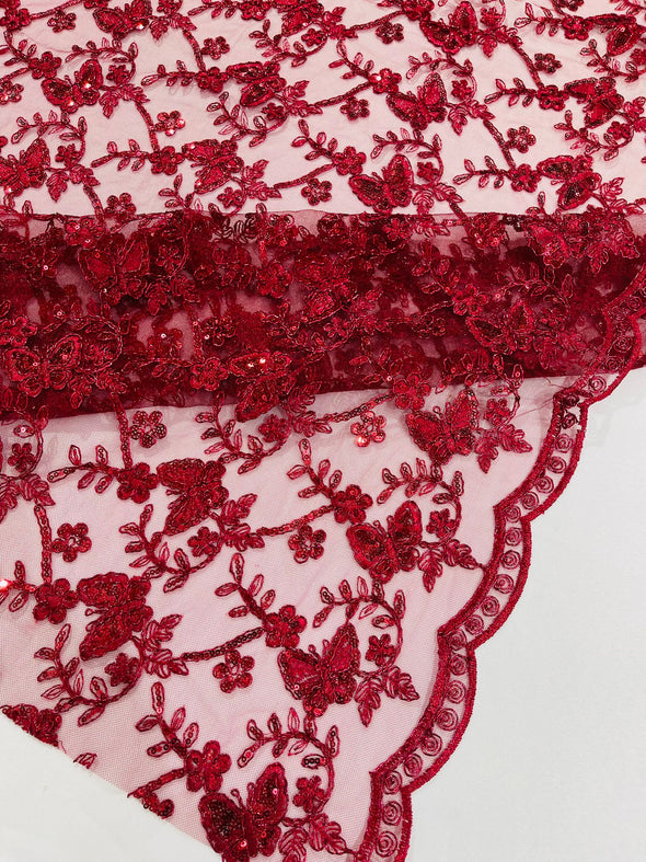 Burgundy Corded Lace/Small Butterfly Design Embroidered with Sequin on a Mesh Lace Fabric.