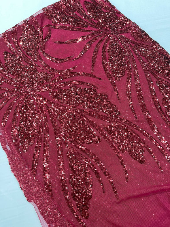 Burgundy Feather damask shiny sequin design on a 4 way stretch mesh Fabric-prom-Sold by the yard