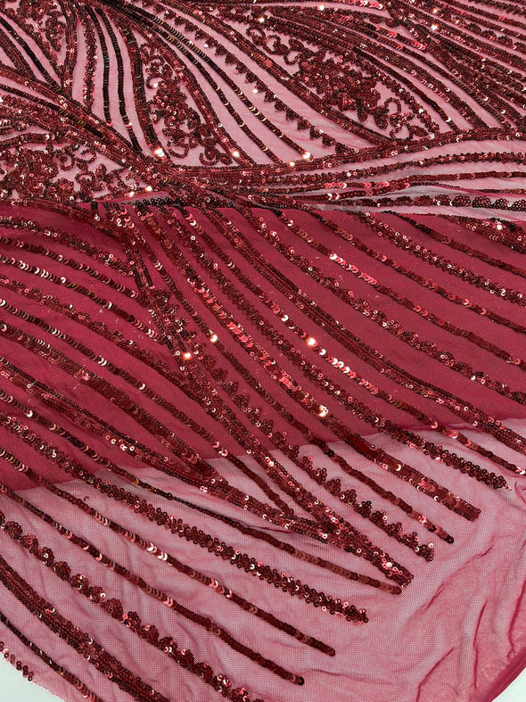 Burgundy Shiny Geometric Feather wing shiny sequin design on a 4 way stretch mesh Fabric-prom-sold by the yard.