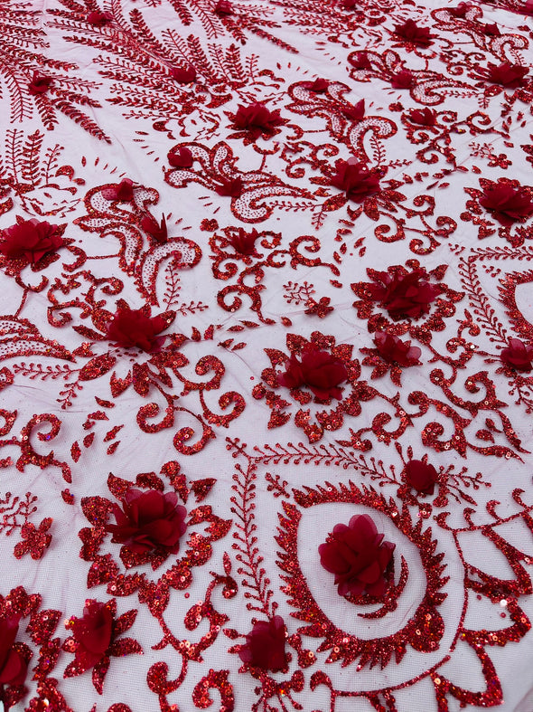 Floral 3D Palm Damask with glitter in a Mesh Lace- Sold by the yard.