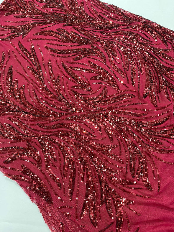 Burgundy Feather damask shiny sequin design on a 4 way stretch mesh Fabric-prom-Sold by the yard