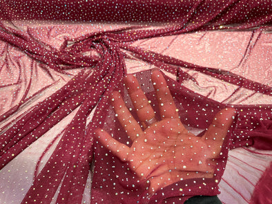 Burgundy Sheer All Over AB Rhinestones On Stretch Power Mesh Fabric, Sold by The Yard