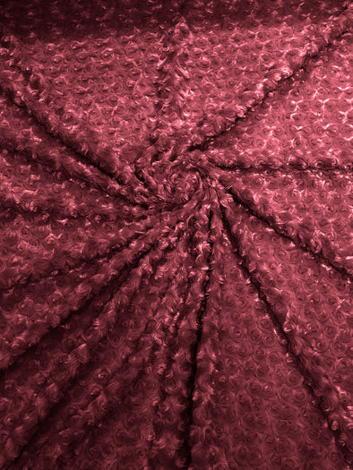 Burgundy 58" Wide Minky Swirl Rose Blossom Ball Rosebud Plush Fur Fabric Polyester-Sold by Yard.