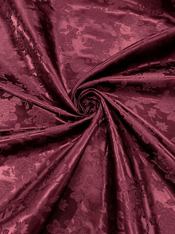 Burgundy Polyester Big Roses/Floral Brocade Jacquard Satin Fabric/ Cosplay Costumes, Table Linen- Sold By The Yard