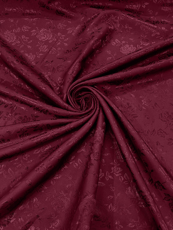 Burgundy Polyester Roses/Floral Brocade Jacquard Satin Fabric/ Cosplay Costumes, Table Linen- Sold By The Yard.