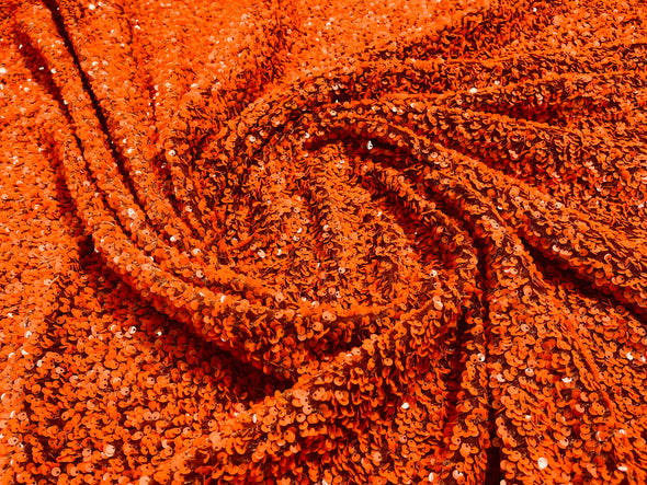 Burnt Orange-Rust 54" Stretch Velvet with Luxury Sequins All Over 5mm Shining Sequins 2-Way Stretch. Sold by the yard.