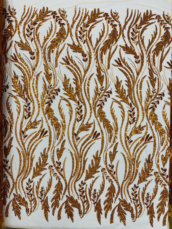 Burnt Orange Luxury Festival Beaded Vine Lace Fabric, Sold by The Yard.