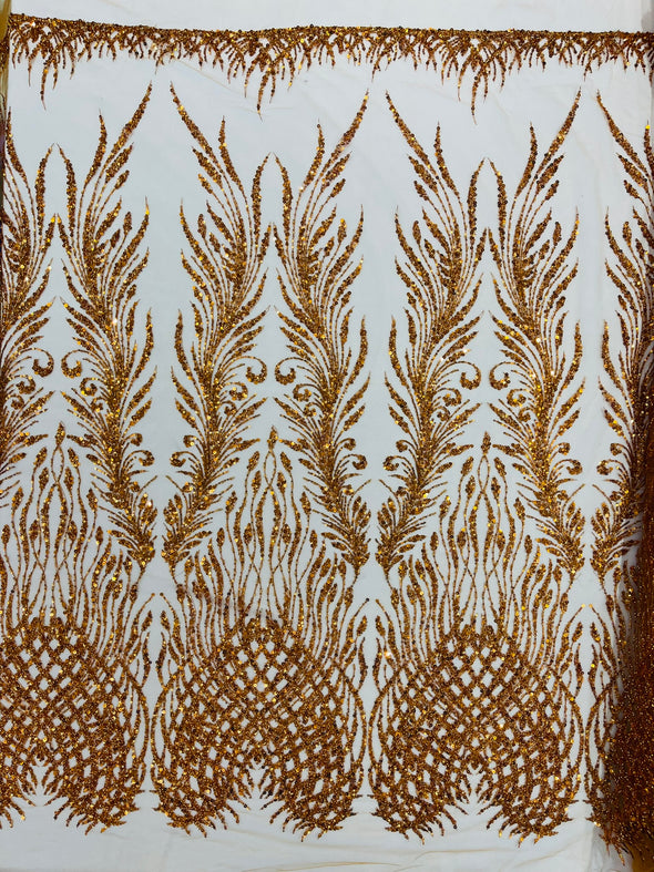 Burnt Orange Feathers damask embroider and heavy beaded on a mesh lace fabric- Sold by the yard