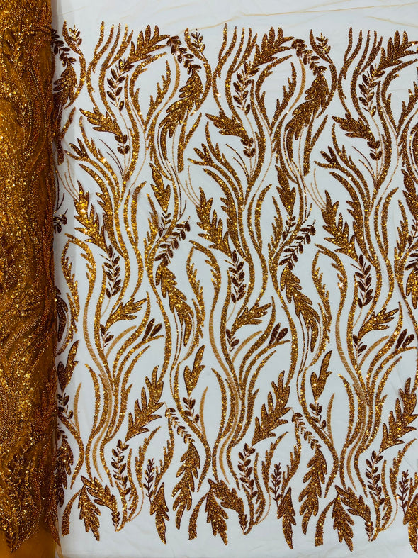 Burnt Orange Luxury Festival Beaded Vine Lace Fabric, Sold by The Yard.
