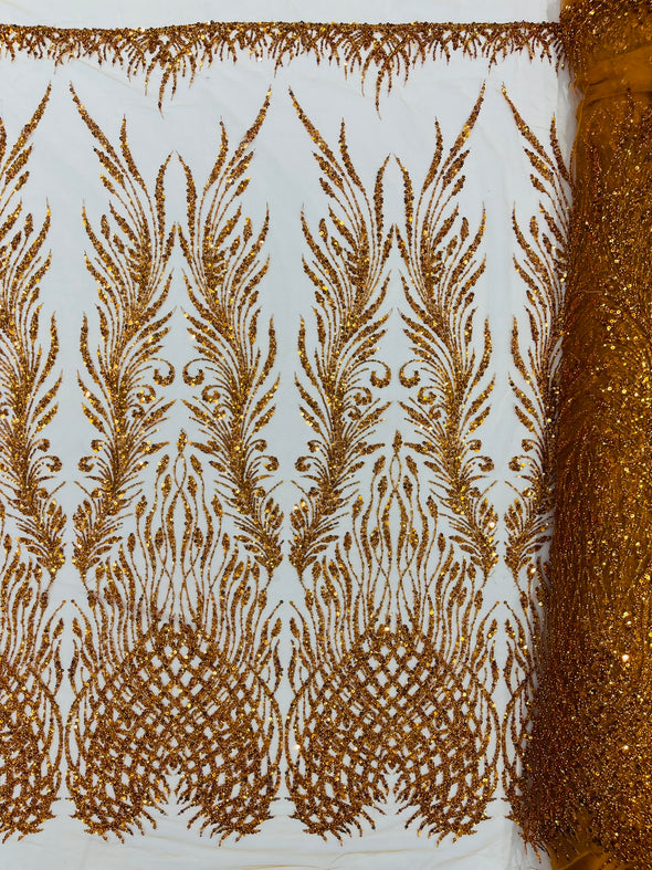 Burnt Orange Feathers damask embroider and heavy beaded on a mesh lace fabric- Sold by the yard