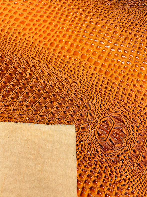 Burnt Orange Glossy Two Tone Gator Fake Leather Upholstery, 3-D Crocodile Skin Texture Faux Leather PVC Vinyl/54" Wide