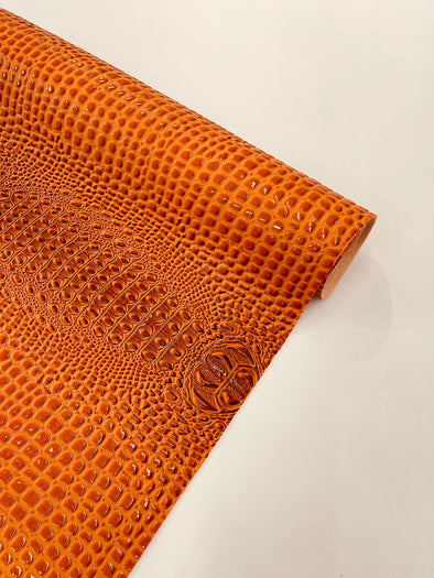 Burnt Orange Glossy Two Tone Gator Fake Leather Upholstery, 3-D Crocodile Skin Texture Faux Leather PVC Vinyl/54" Wide