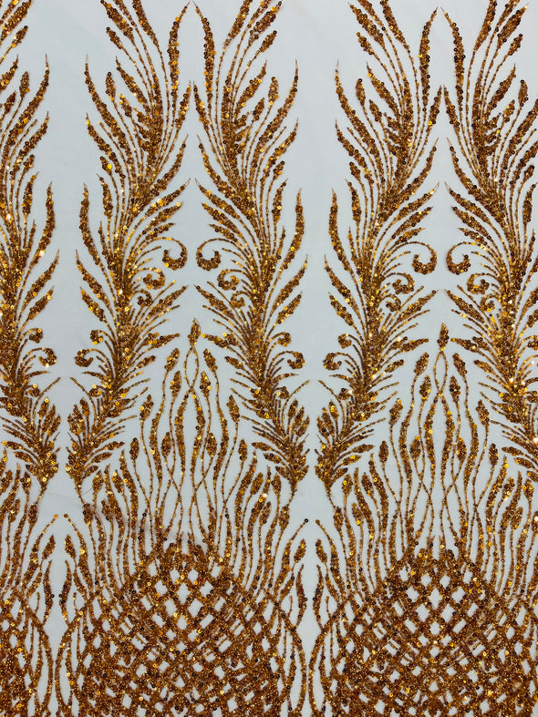 Burnt Orange Feathers damask embroider and heavy beaded on a mesh lace fabric- Sold by the yard