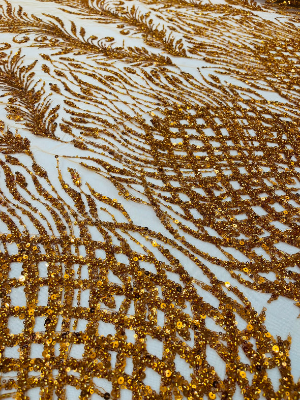 Burnt Orange Feathers damask embroider and heavy beaded on a mesh lace fabric- Sold by the yard
