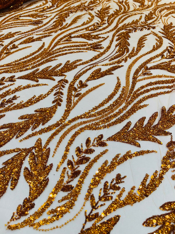 Burnt Orange Luxury Festival Beaded Vine Lace Fabric, Sold by The Yard.