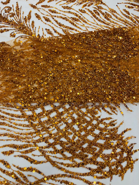 Burnt Orange Feathers damask embroider and heavy beaded on a mesh lace fabric- Sold by the yard